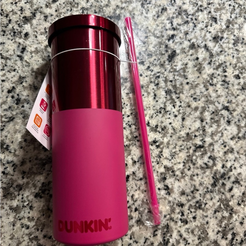 NWT Dunkin' Pink Polished Tumbler with Straw